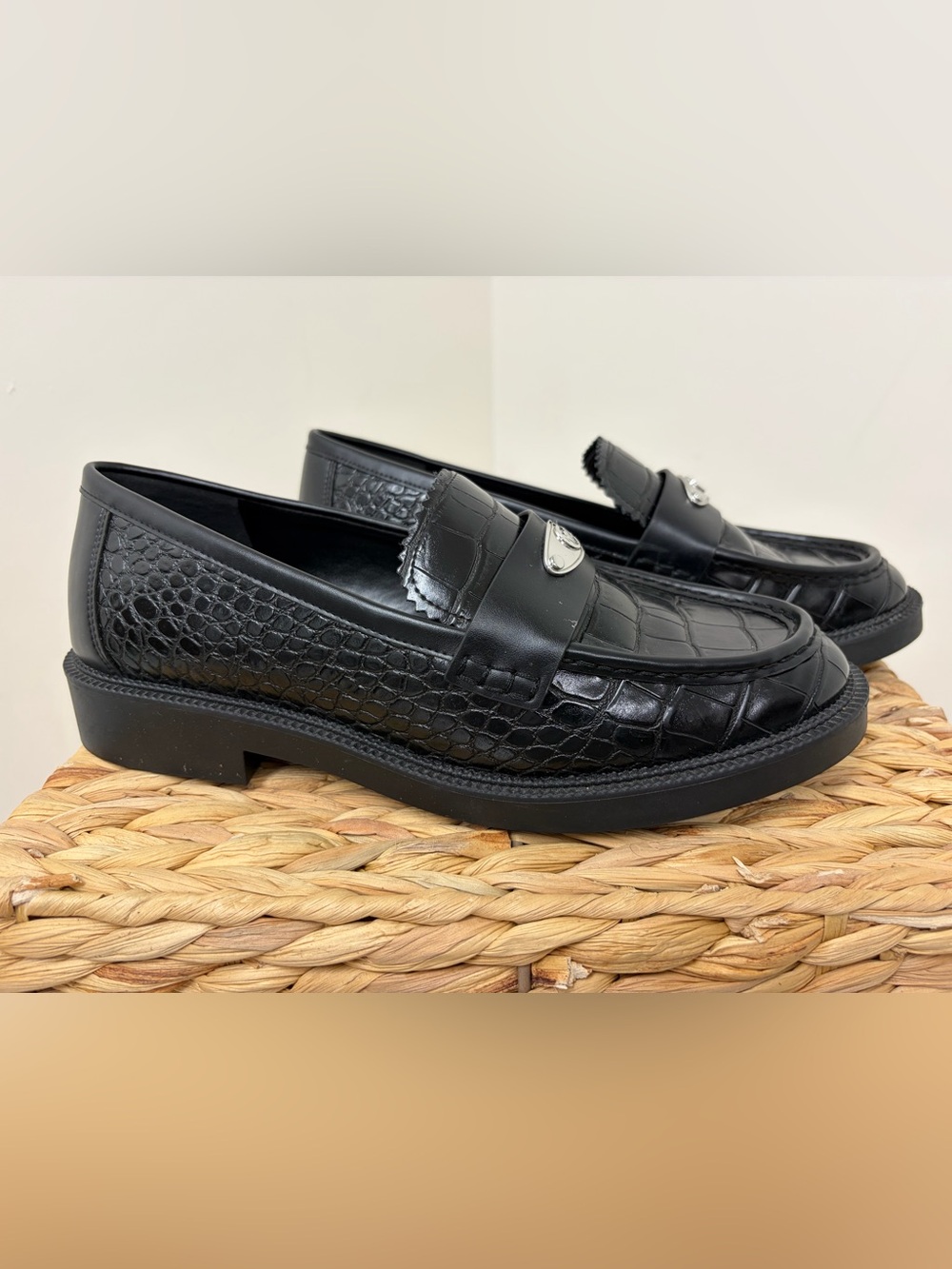 Michael Kors Black Croc-Embossed Leather Bit Slip-On Loafers